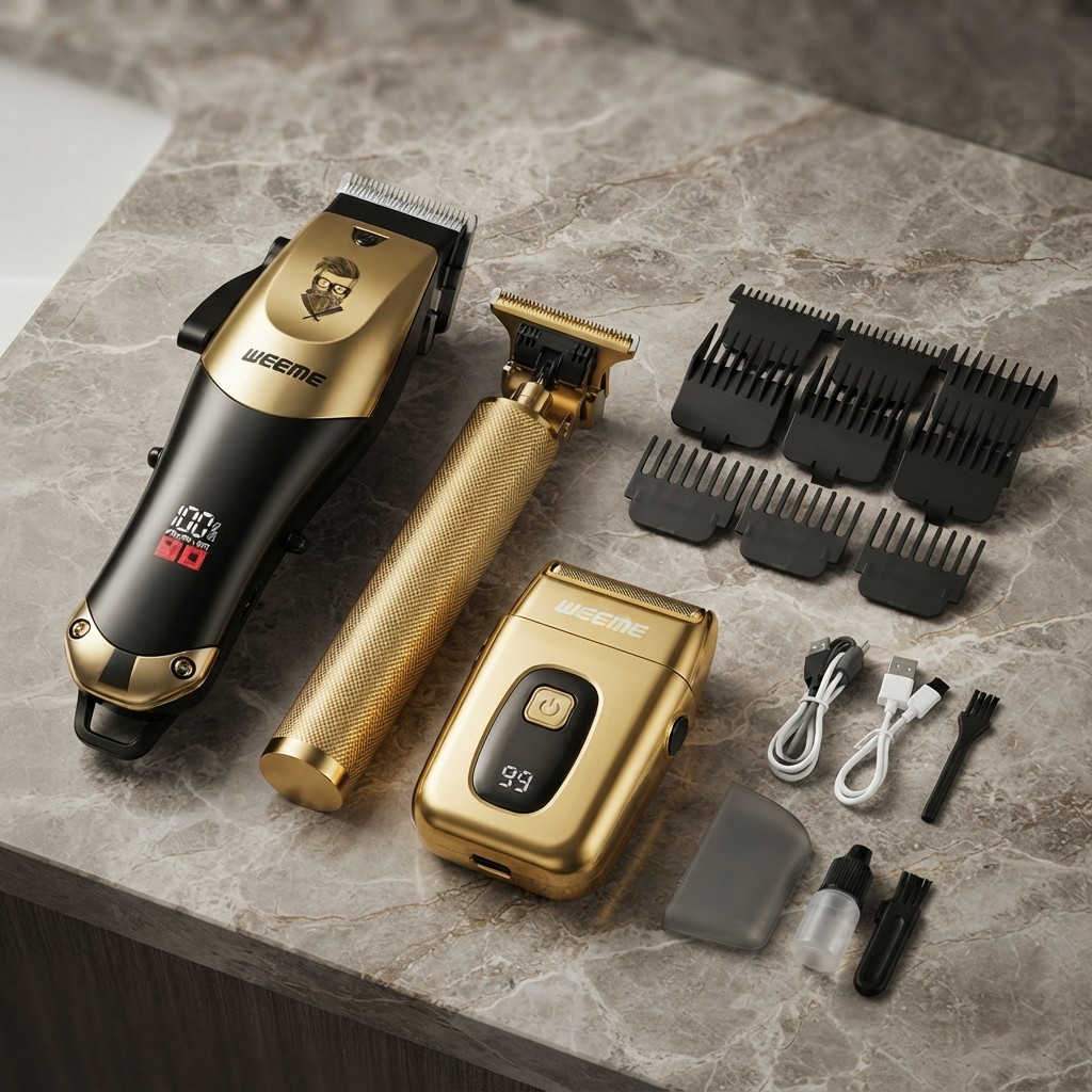 Vintage electric beard trimmer kit arranged with guide combs and grooming accessories